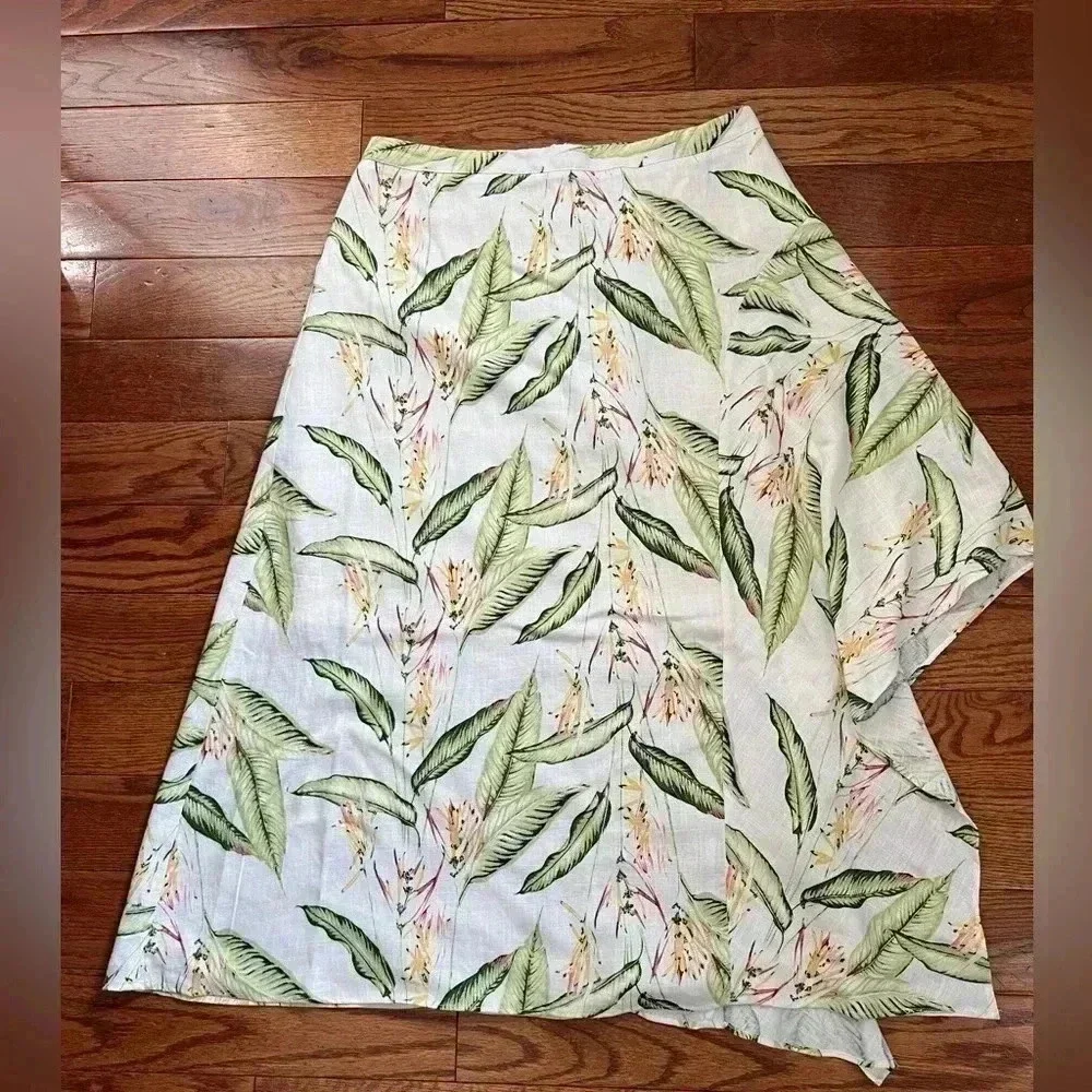 BCBGMAXAZRIA TROPICAL-PRINT ASYMMETRICAL MIDI SKIRT IN MULTI BIRD PRINT Sz M - Picture 2 of 12